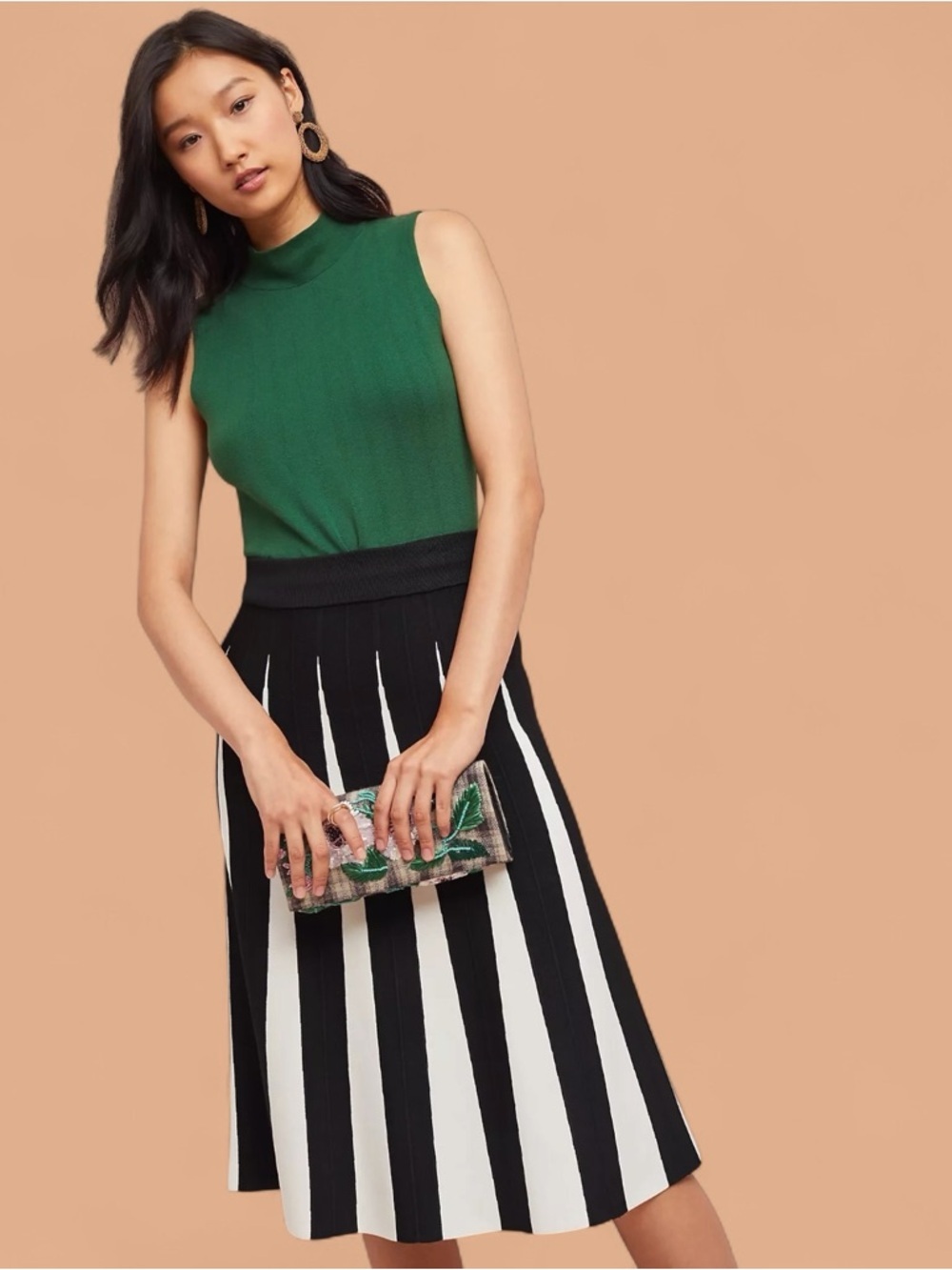 MAEVE ✘ Pleated Stripe Midi Skirt Black White Pull On Knit A Line Pleat Skirt XS